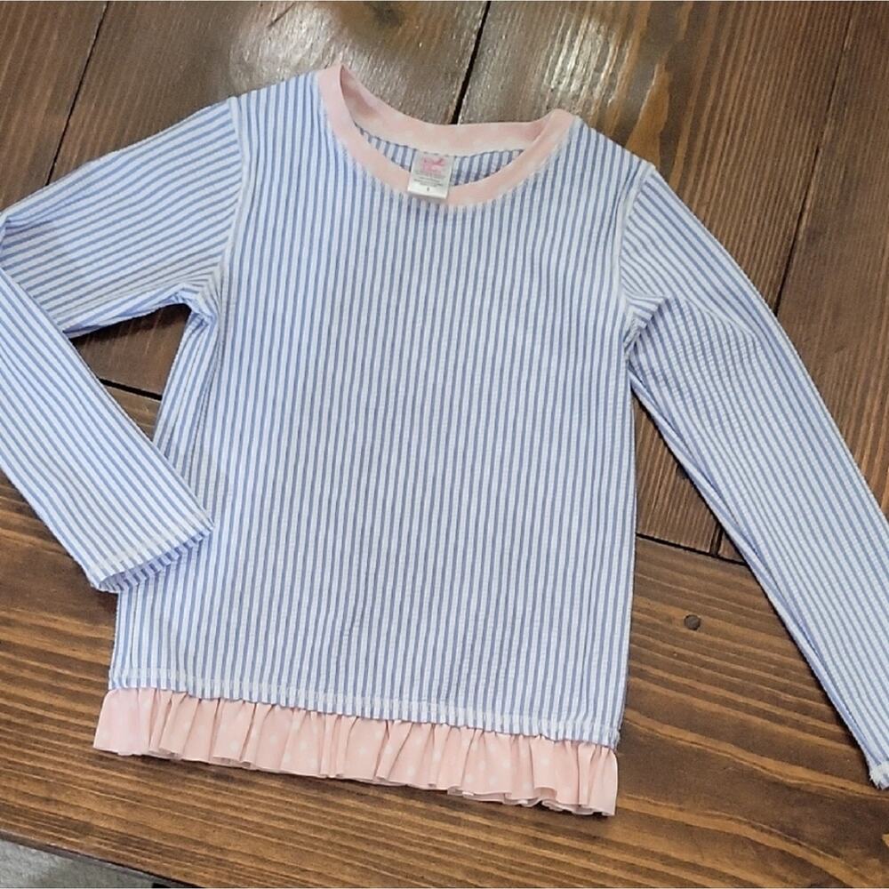 Ruffle Butts Blue & Pink Striped Long-Sleeve Ruffle Swim Top Girls Sz 6, Beach